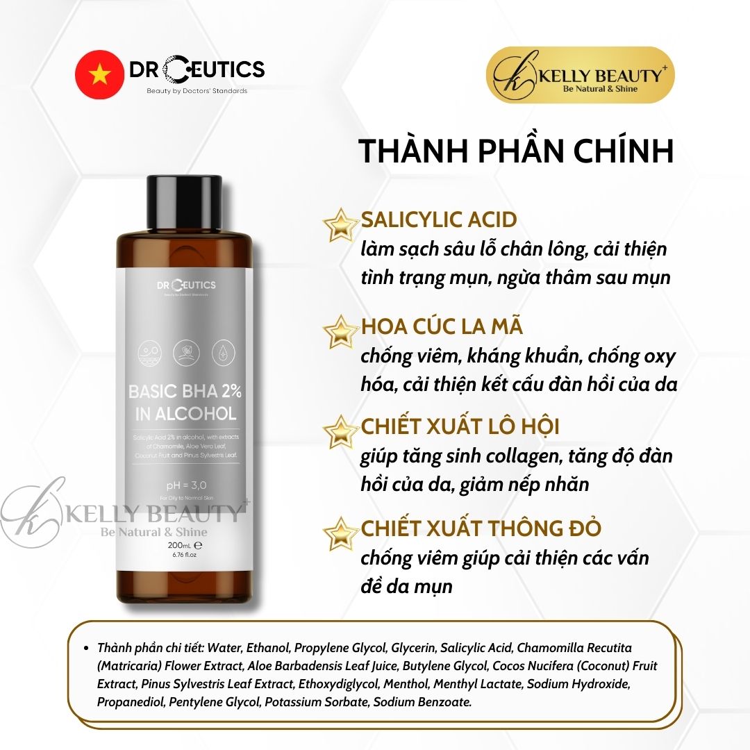 Basic BHA 2% In Alcohol DrCeutics - Loại Bỏ Tế Bào Chết, Thoáng Lỗ Chân Lông, Giảm Mụn, Ngừa Mụn Tái Phát | Kelly Beauty