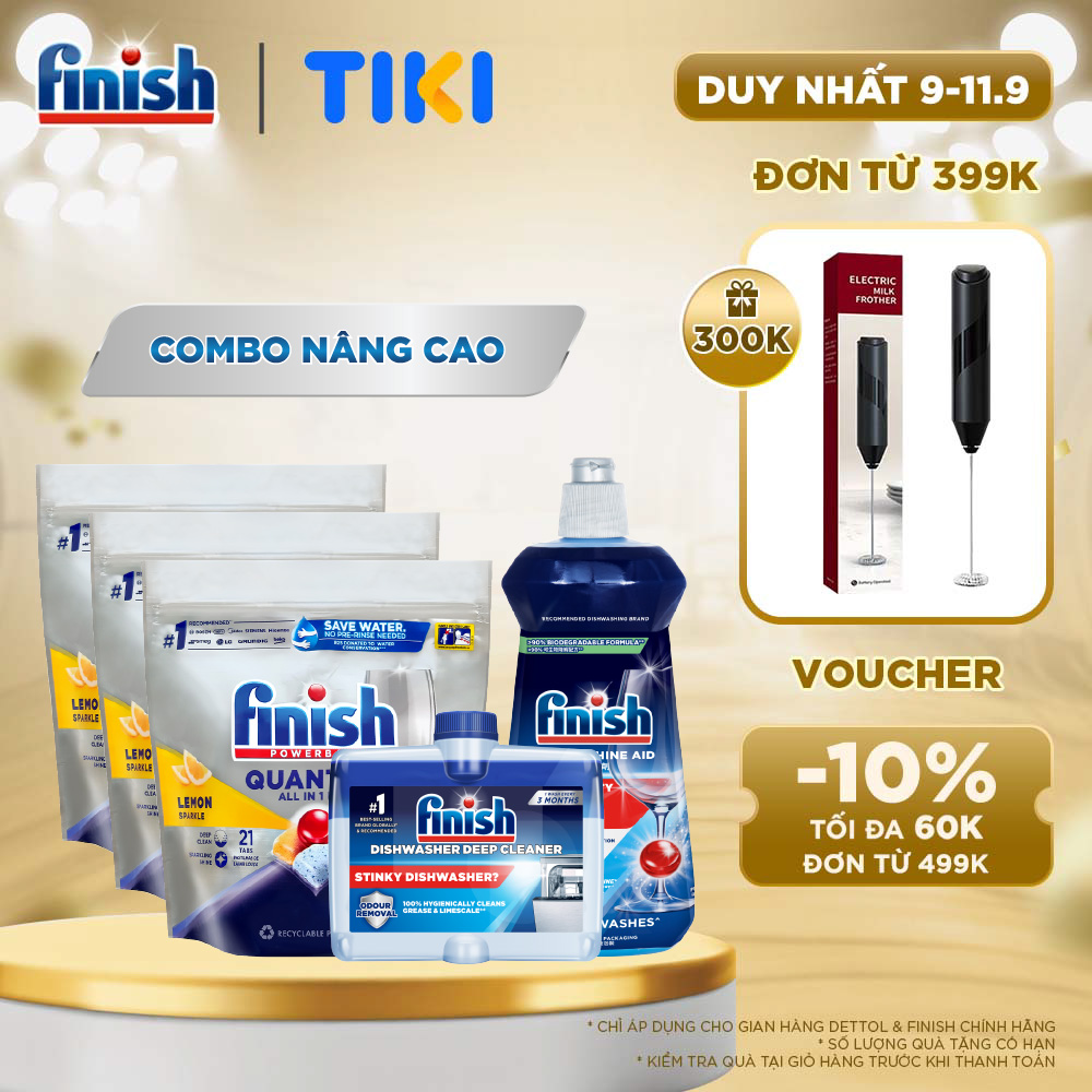 Combo Nâng Cao: 3 X Túi 21 Viên Nước Rửa Bát Powerball Quantum + Nước Làm Bóng Rinse & Shine Aid 500ml + Dung Dịch Vệ Sinh Máy Rửa Chén 250ml