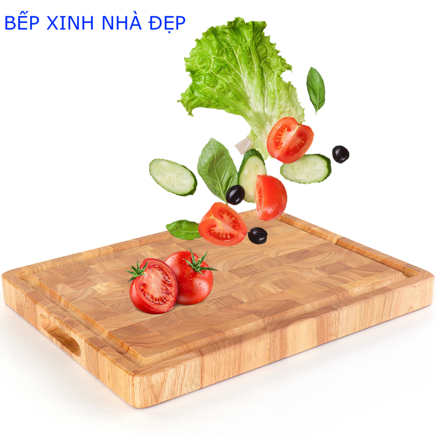 THỚT SỚ LẬT GỖ CAO SU TO VÀ DÀY, KT 41x31x3.8cm, CÓ RÃNH THU NƯỚC & GOM THÀNH PHẨM VÀ LỖ TAY CẦM 2 BÊN