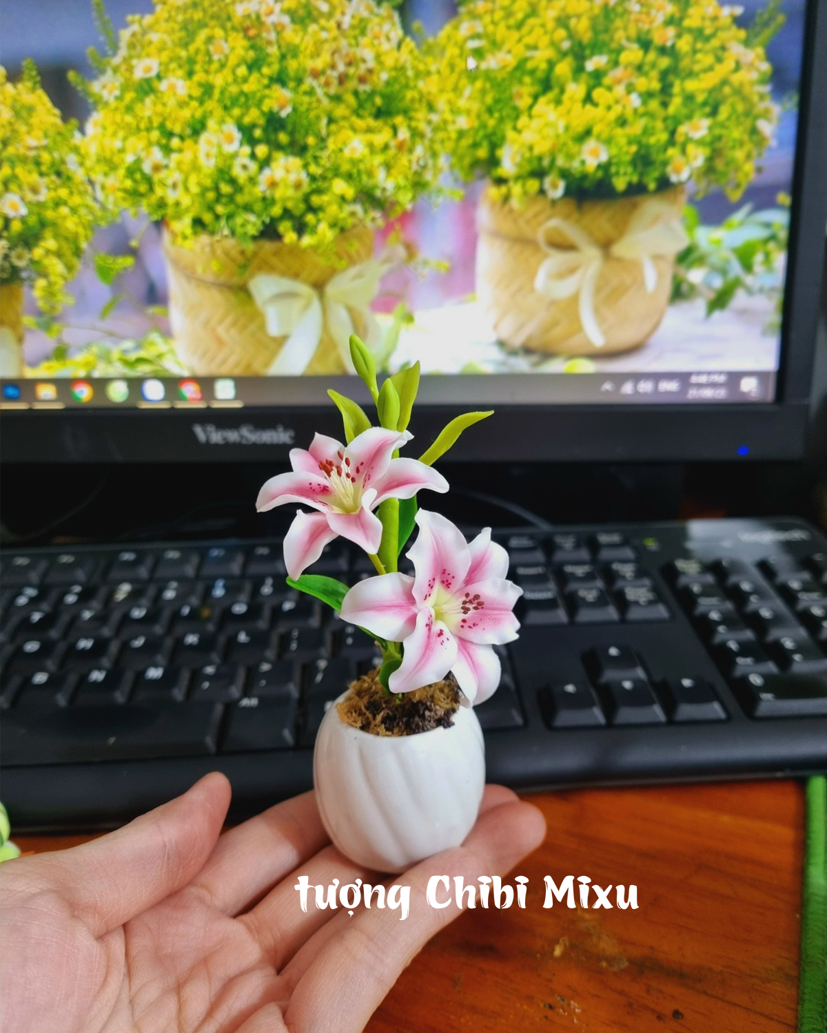 Chậu hoa Ly bằng đất sét Nhật cao cấp Hoa, vật phẩm trang trí, Hàng thủ công Handmade