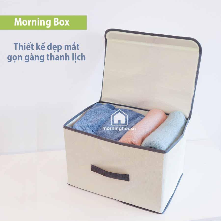 Combo Hộp Đựng Quần Áo Gấp Gọn Có Nắp Xám In Morning House - From vải cứng cáp, gấp gọn rất tiện, phù hợp để quần áo, vật dụng cá nhân