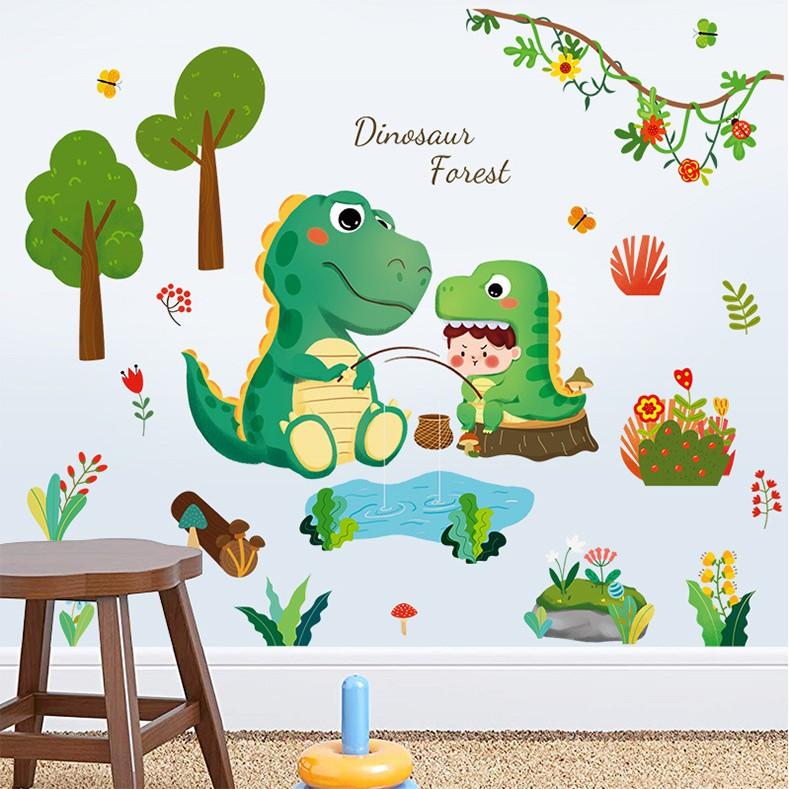 Decal dán tường trang trí - KHỦNG LONG CÂU CÁ ĐÁNG YÊU CHO BÉ