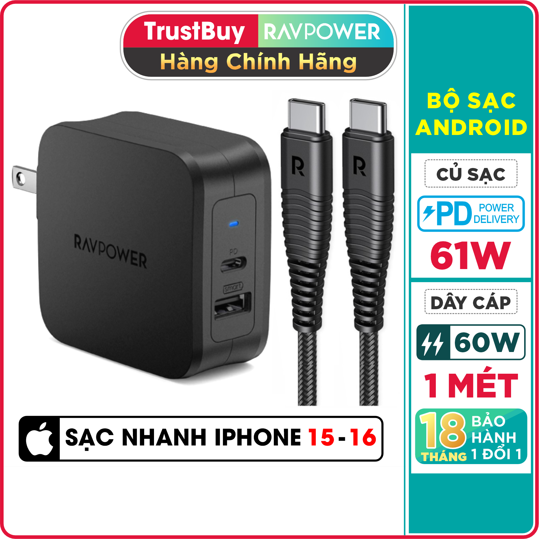 Combo Ravpower Củ Sạc Điện Thoại Usb Type - C 61W Rp - Pc105 Dây Cáp Sạc Type C To Type C Rp - Cb047 - Hàng Chính Hãng
