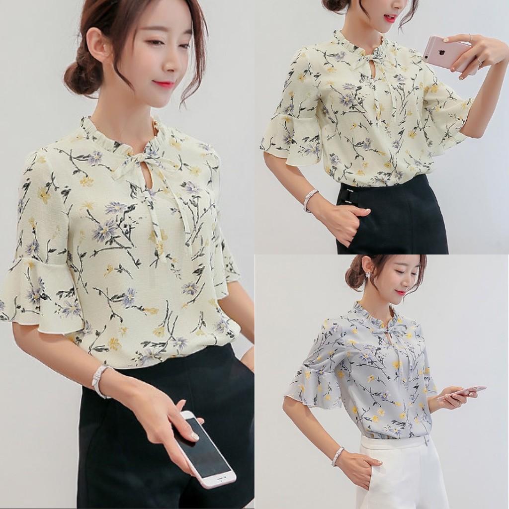 Sơ mi công sở, đi chơi tay bèo, tay lơ cổ nơ chất Voan họa tiết hoa siêu đẹp mặc mát mẫu mới 2021