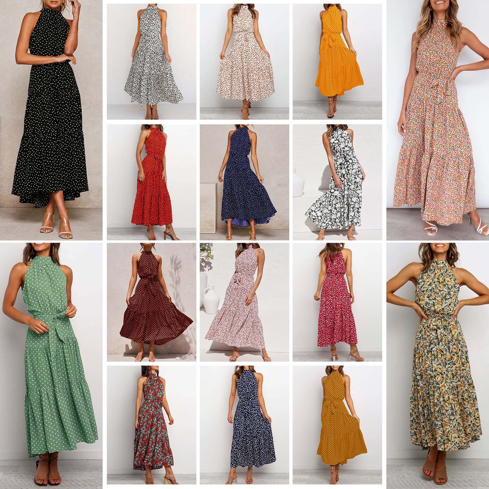 Women Sleeveless Dress Halter Neck Ruffle Hem Long Dress Empire Waist Bow Polka Dots Floral Elegant Casual A-Shaped