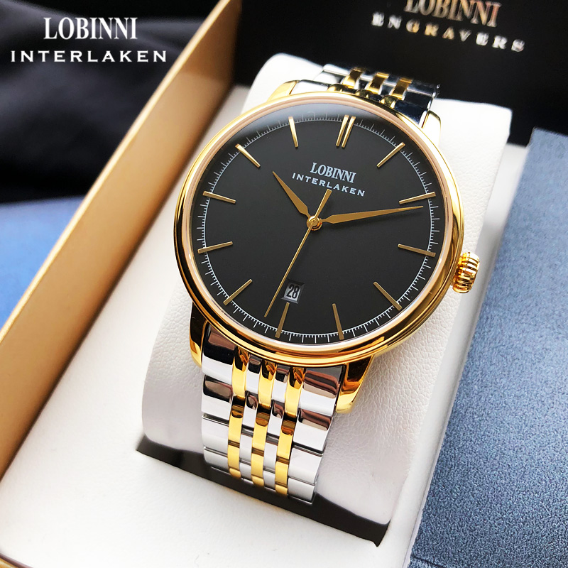 Đồng hồ nam chính hãng LOBINNI L5012-2 Fullbox, Kính sapphire ,chống xước,chống nước,vỏ vàng,mặt đen,dây kim loại thép không gỉ 316L, máy cơ , Mới 100%,Bảo hành 24 tháng