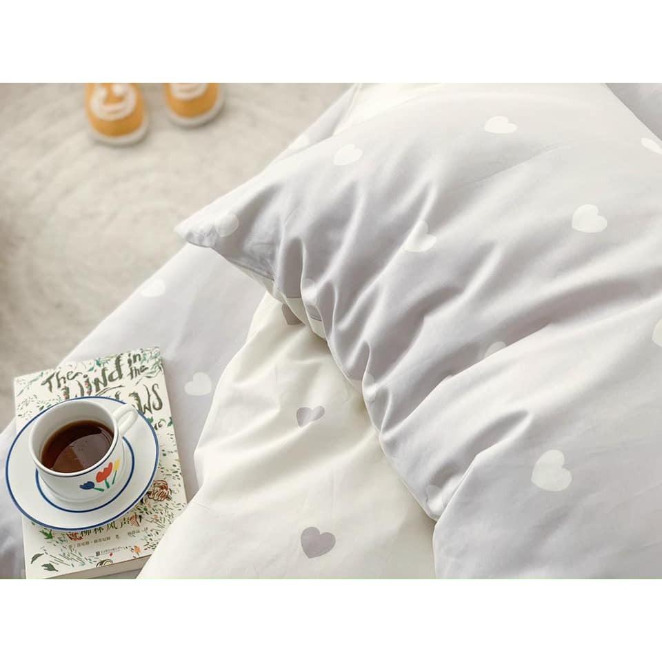 Bộ Chăn Ga Gối Cotton Poly Tim Trắng Phối Ghi