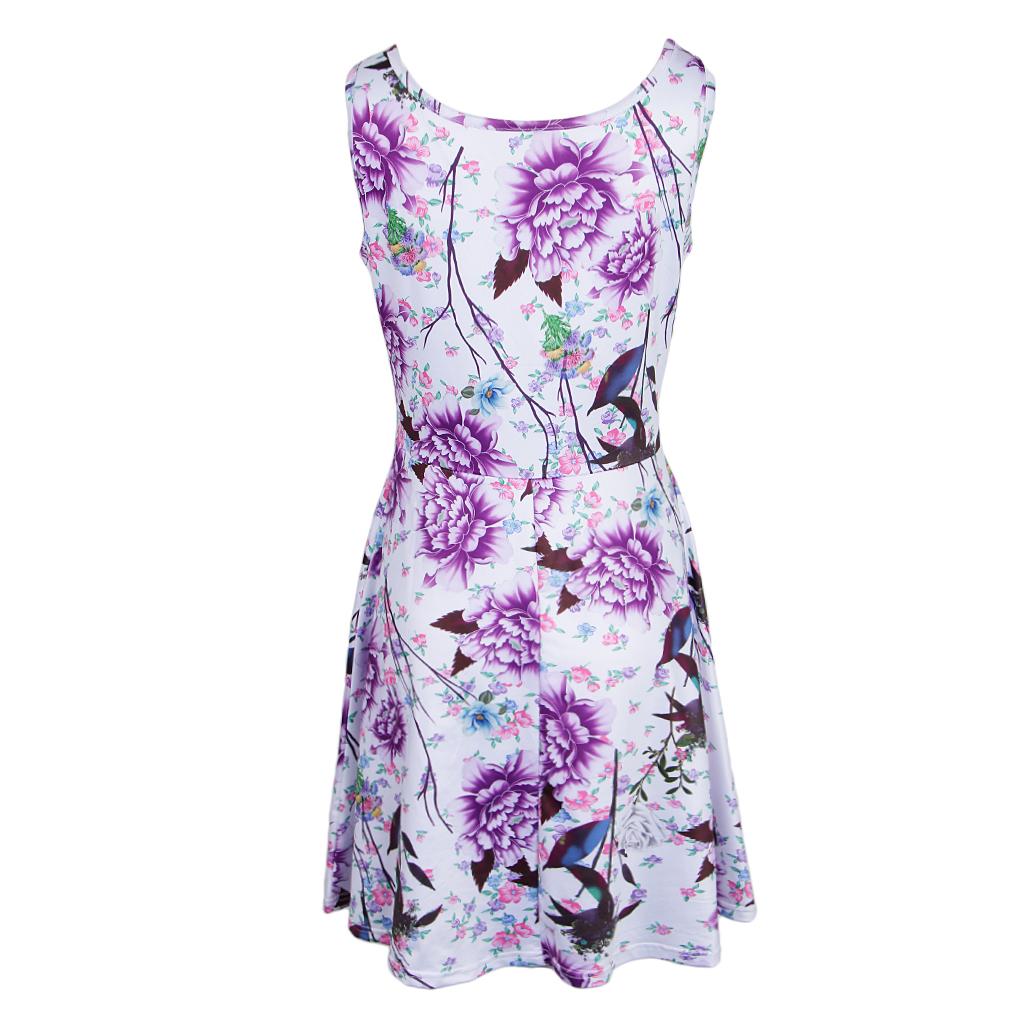 Women Floral Dress Summer Sleeveless Round Neck Casual Flared Midi Dress