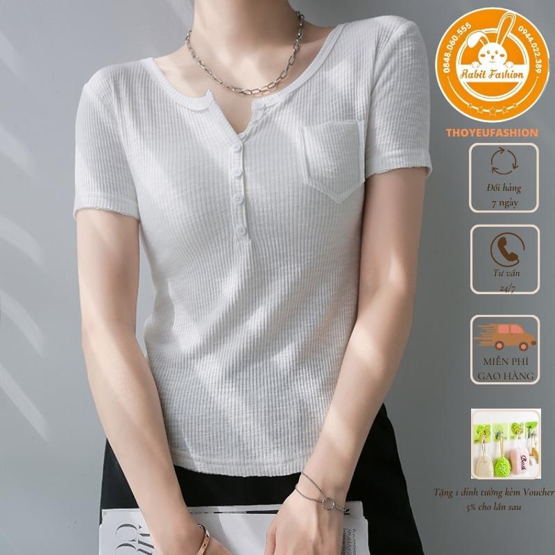 Áo Thun nữ cổ V phối cúc chất tăm lạnh, Áo len tăm cộc tay co dãn tốt, mềm mịn