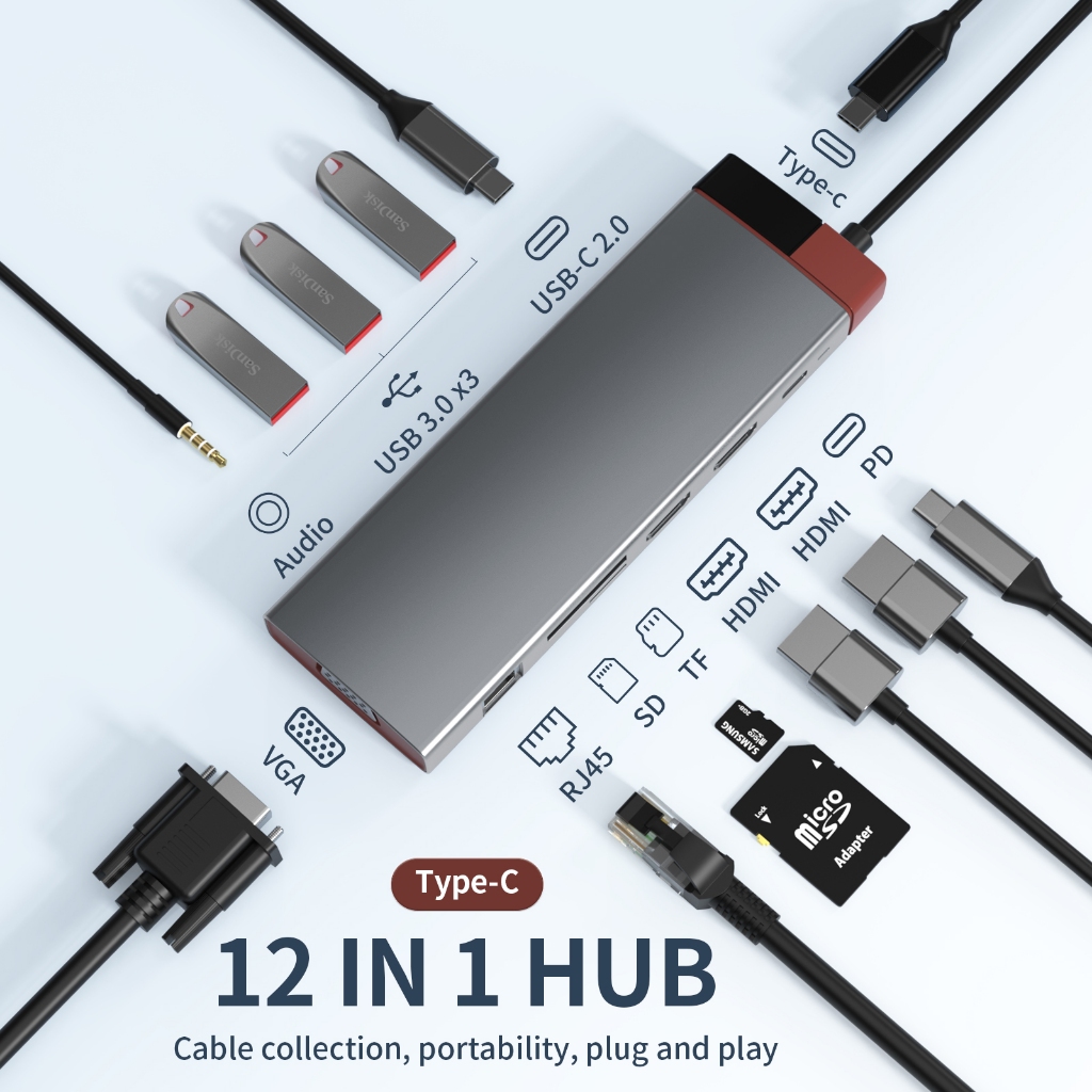 Bộ HUB TEEMO PC Gentlemen Chia 12 Cổng USB Type C To HDMI PD Dùng Cho Laptop Surface Macbook IPad Điện Thoại - Hàng Chính Hãng