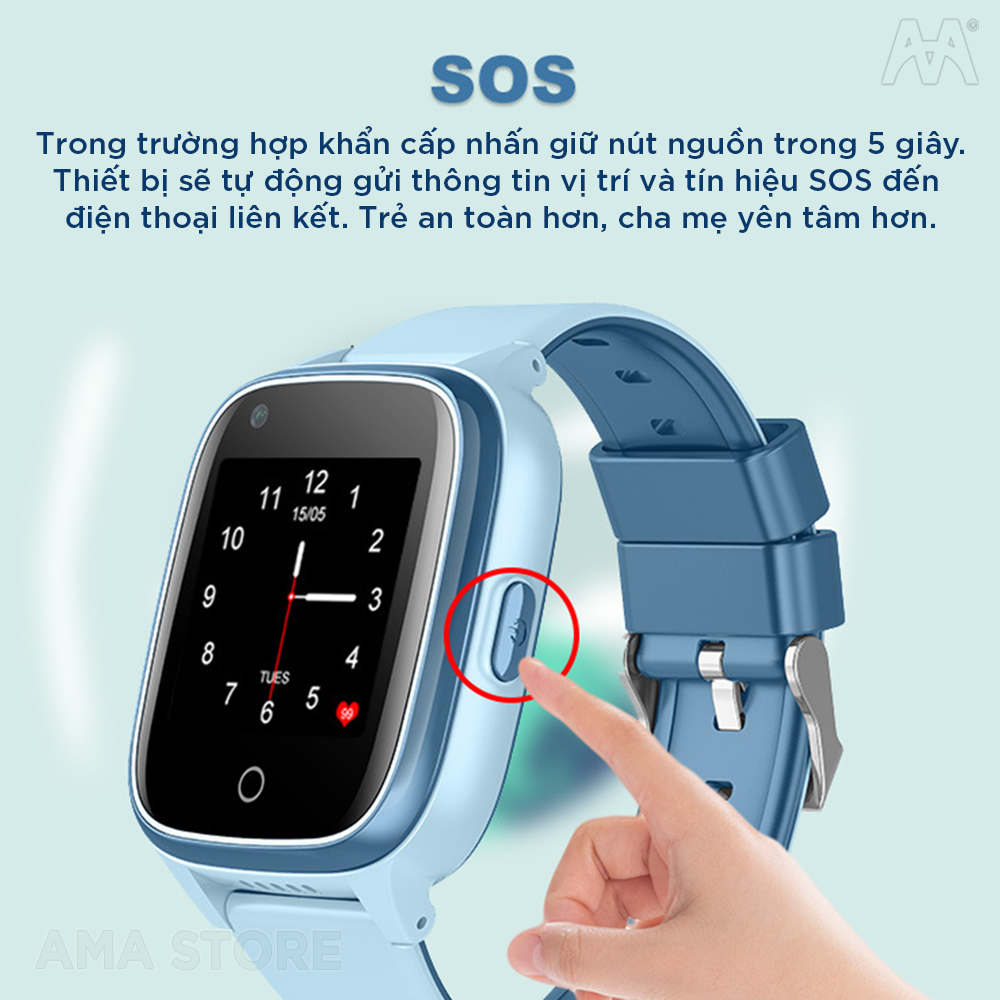 Đồng hồ Thông minh gắn Sim nghe gọi Chống nước IP67 Gọi Video call Định vị GPS, WIfi dàn cho Trẻ em học sinh cấp 1 2 5 6 7 8 9 10 11 12 tuổi AMA Watch D32 Hàng nhập khẩu