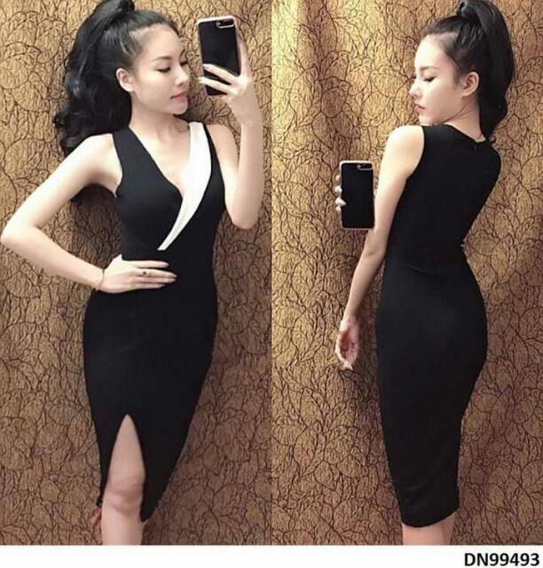 Đầm body phối màu đắp chéo