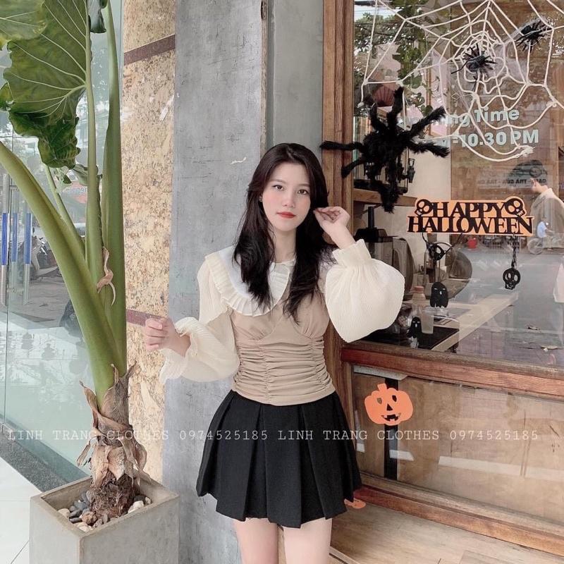 Áo Len Thun Thân Nhúm Tay Phối Cổ Sen 2 Màu Siêu Xinh