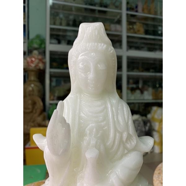 Tượng Phật Quan Thế Âm Ngồi Đá Cẩm Thạch Trắng - cao 25cm