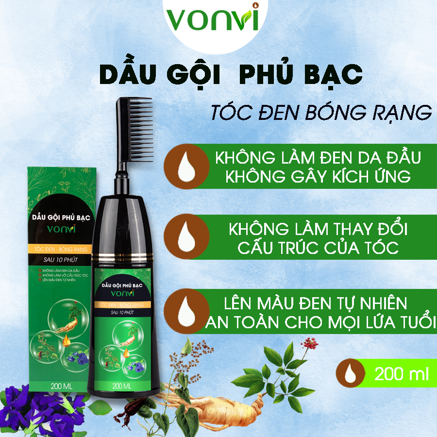 Nhuộm phủ bạc VONVI không xót, không phai, không làm đen da đầu, lên màu đen tự nhiên sau 10 phút chia 200 ml