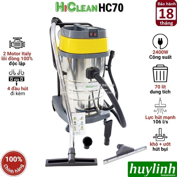 Máy hút bụi công nghiệp HiClean HC70 - Dung tích 70 lít - Công suất 2400W - Hút khô và Ướt - 2 Motor - Hàng chính hãng