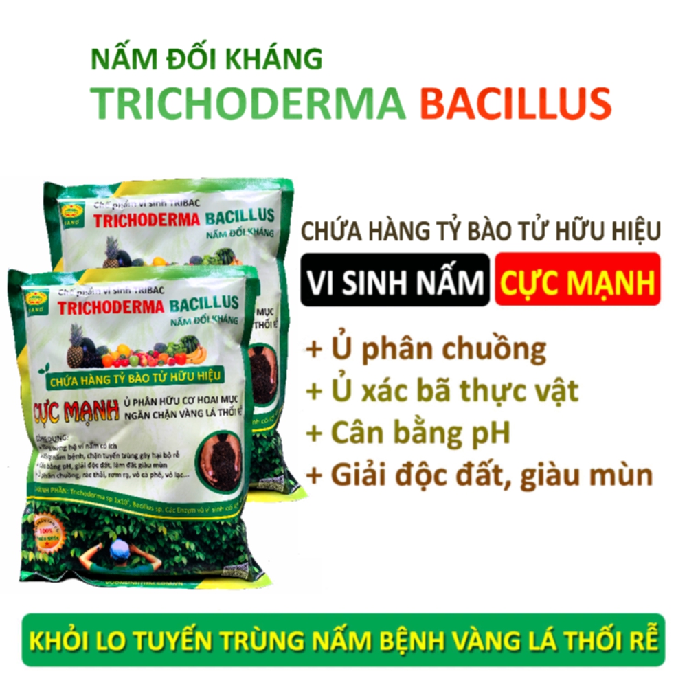 Combo 2 gói Chế phẩm vi sinh Trichoderma TRIBAC 1kg. Ủ phân rác bã hữu cơ hoai mục không mùi hôi. Đối kháng nấm hại, khống chế thối rễ. HSD: 2 năm