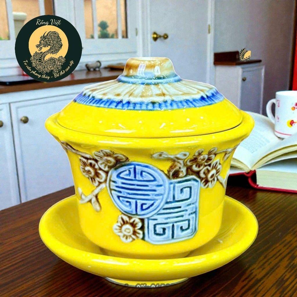 Bát Sâm Đắp Nổi Đào Thọ Men Vàng RỒNG VIỆT– Chén Thờ Gốm Sứ Bát Tràng Cao Cấp