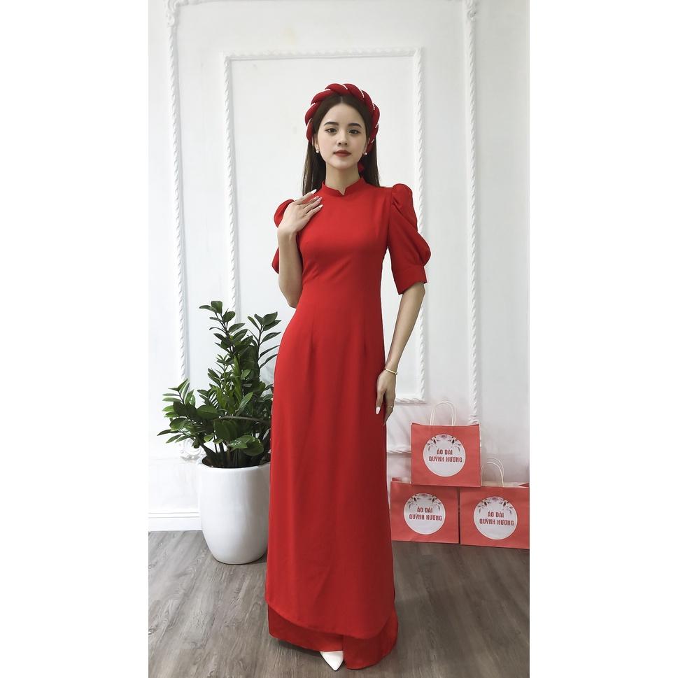 Áo dài lụa cổ vuông tay bồng màu đỏ by Quỳnh Hương