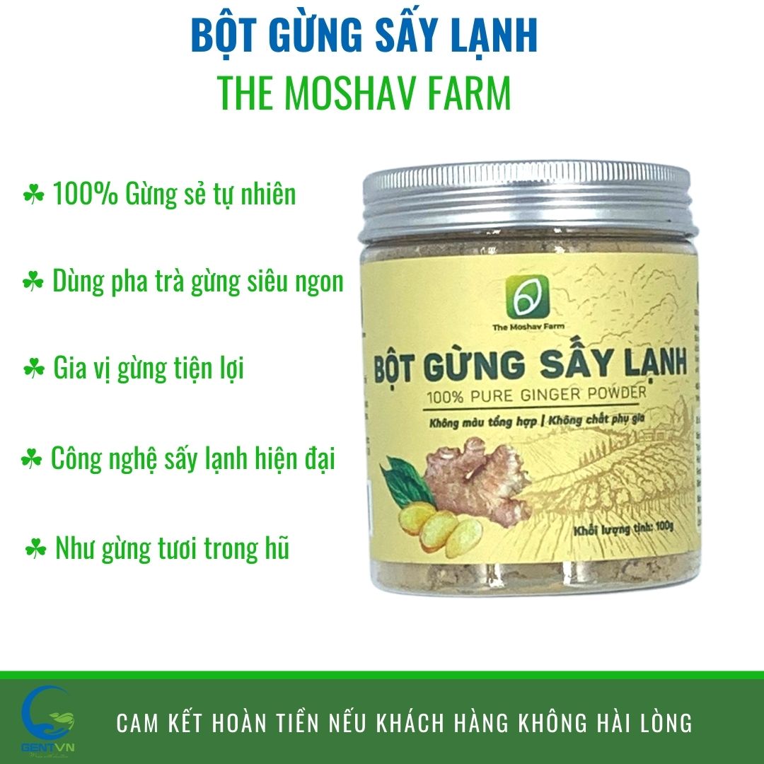 Bột Gừng Đông Y Sấy Lạnh The Moshav Farm Dùng Làm Gia Vị Nấu Ăn, Trà Gừng, Ngâm Chân, Giảm Cân Và Nhiều Công Dụng Khác Hũ 100Gr