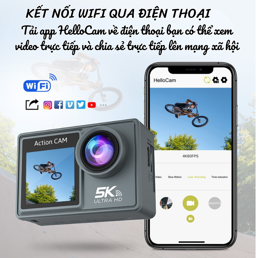 Camera hành trình 5K Chống nước Chống rung ô tô ,xe máy - Camera Sport đi phượt kết nối wifi điện thoại - Hàng chính hãng