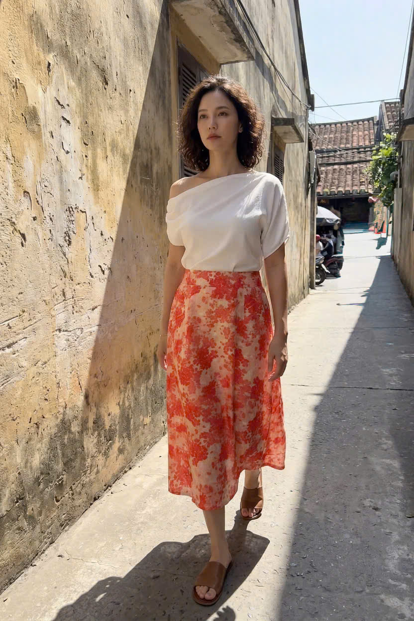 Váy Midi Ramie In Hoa Thanh Minh Ski055 Thời trang Hity