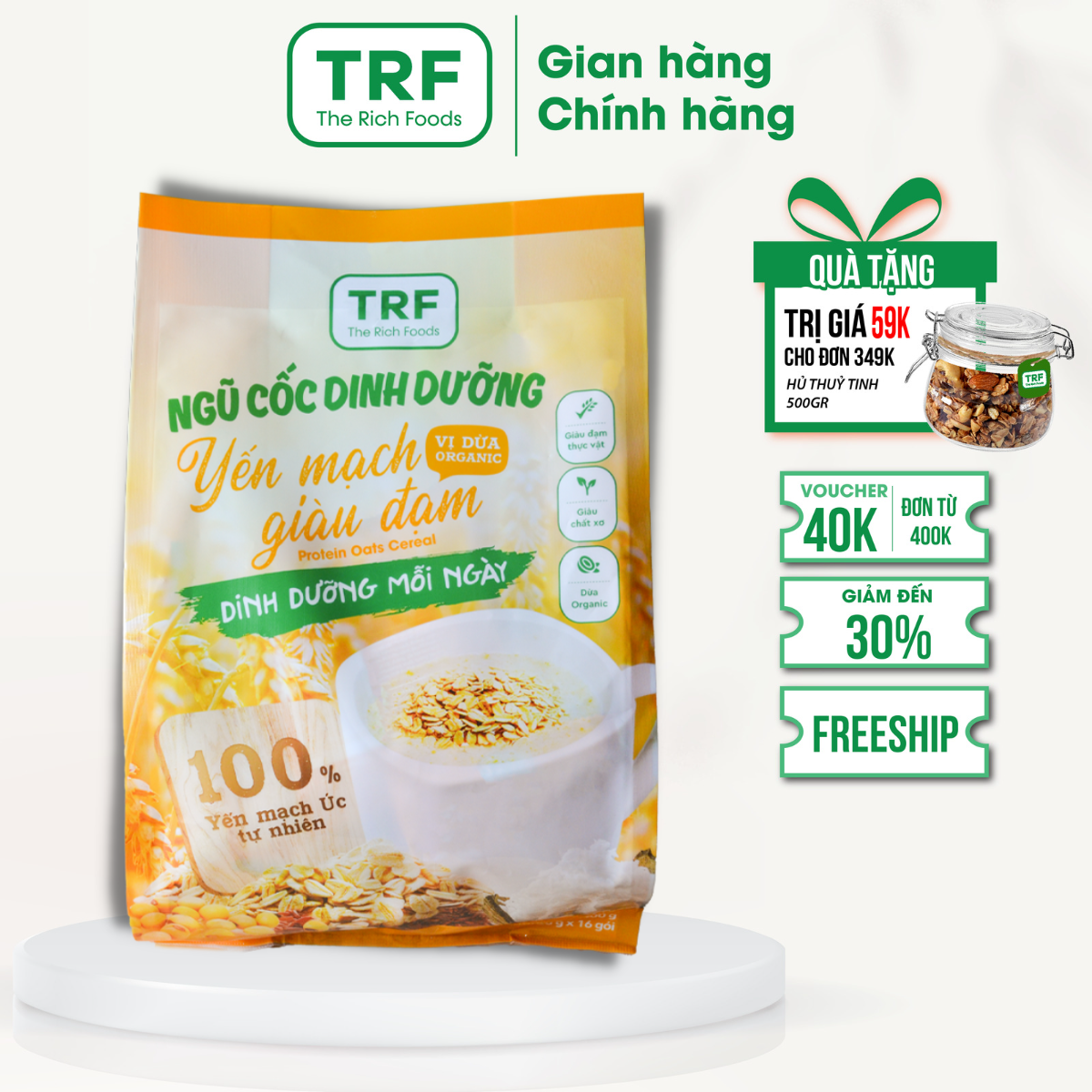 Bột Ngũ Cốc Dinh Dưỡng Giảm Cân Yến Mạch Giàu Protein The Rich Foods Dừa Organic 400gr