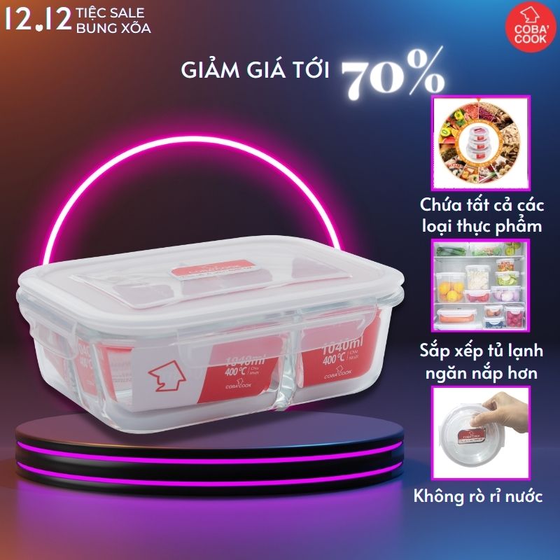 Hộp Thủy Tinh Chia 3 Ngăn COBACOOK Đựng Cơm Đựng Thực Phẩm Chịu Nhiệt 1040ML - CBHL1040