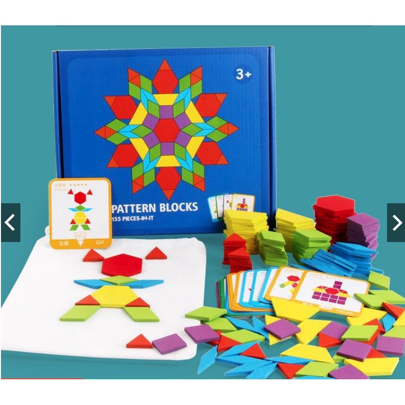 Bộ Xếp Hình Sáng Tạo Pattern Block 130 Chi Tiết Cho Bé Đồ Chơi Gỗ, Giáo Cụ Montessori, Dành Cho Bé Từ 3 Tuổi