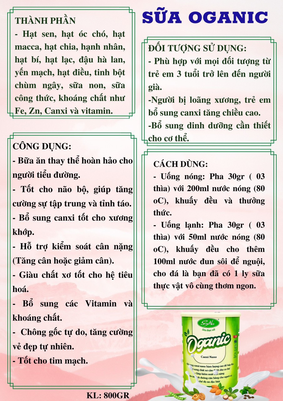 Combo 2 hộp sữa Oganic Canxi Nano Soyna 800g chính hãng tặng kèm 2 hộp sữa hạt thực dưỡng 300g hoặc 2 hộp sữa mầm gạo lứt 300g