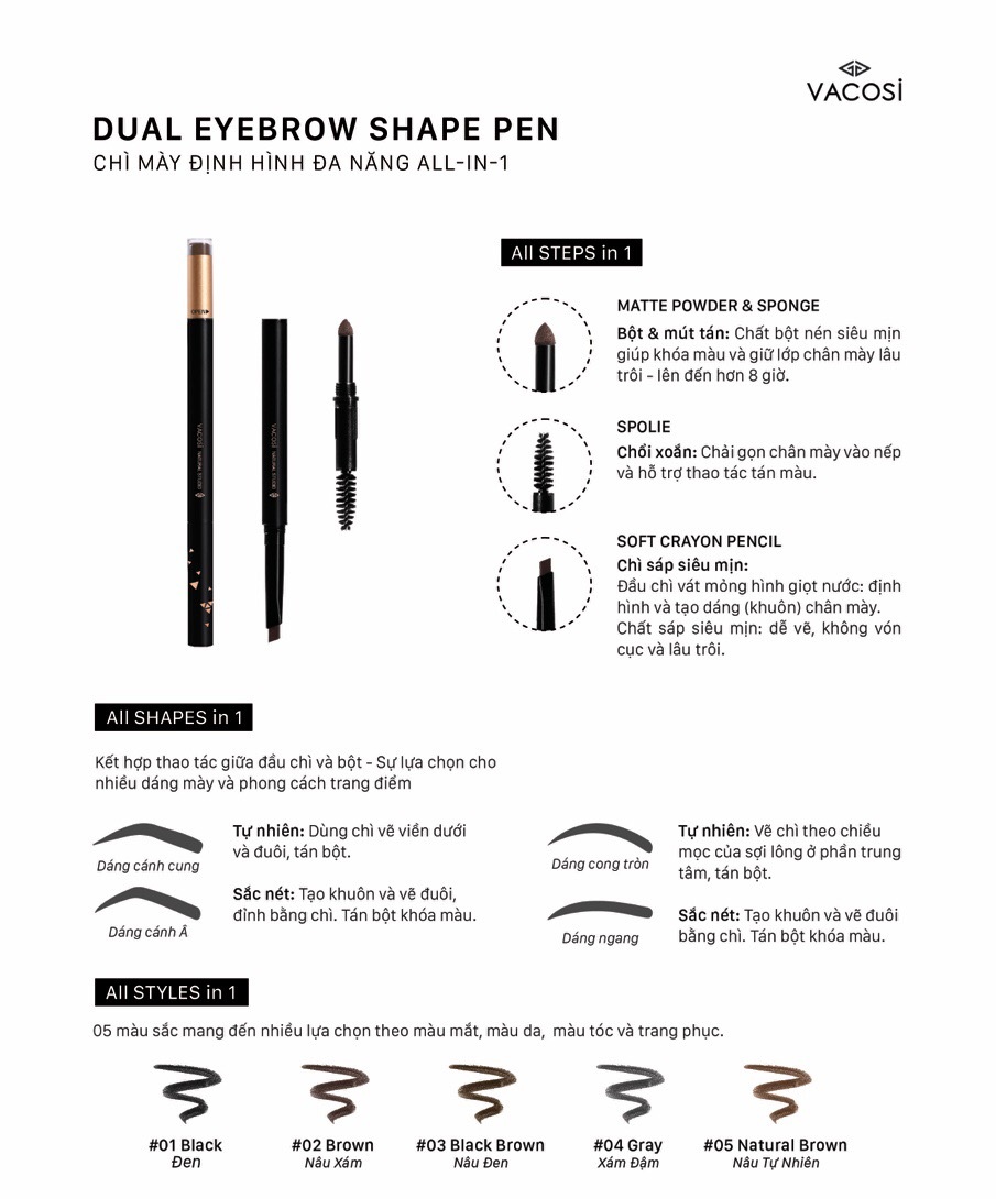 Chì Kẻ Mày Định Hình Đa Năng Vacosi Dual Eyebrow Shape Pen