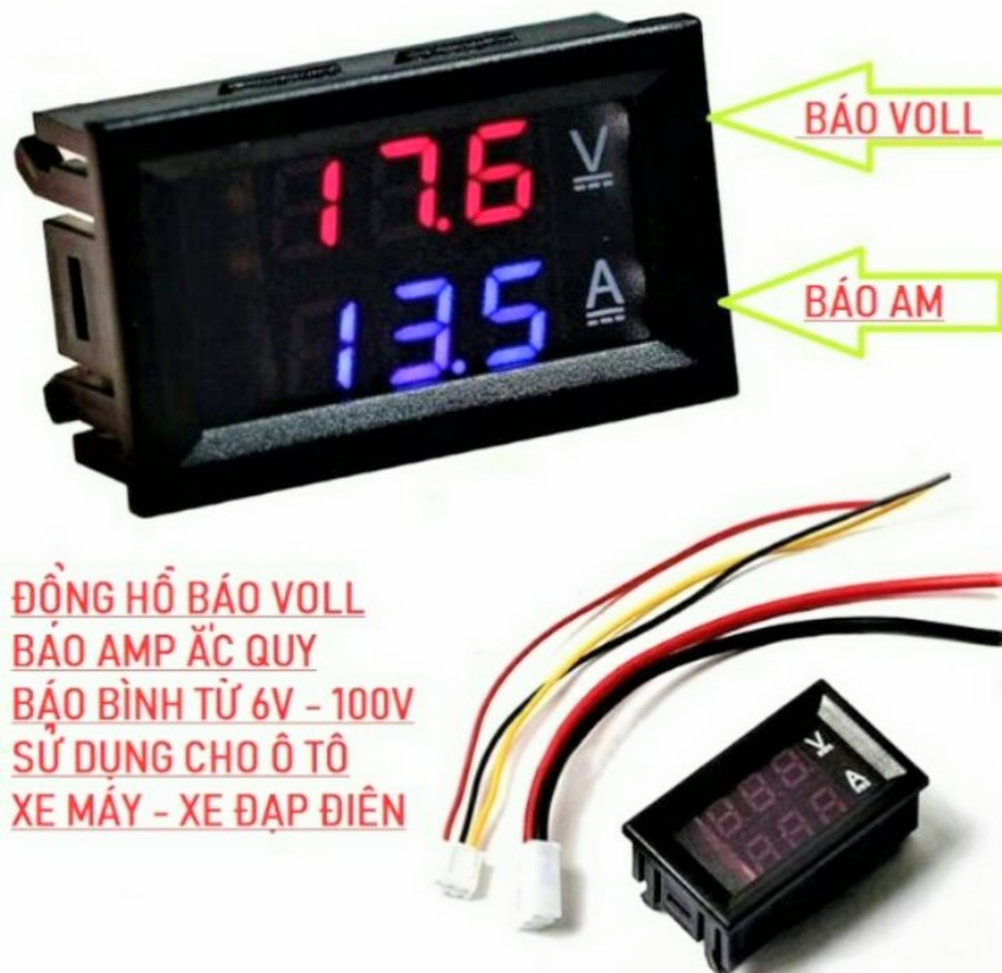 BỘ BÁO VON +AMP ẮC QUY TỪ 0V - 100V CHO XE MÁY VÀ ÔTÔ LOẠI TỐT