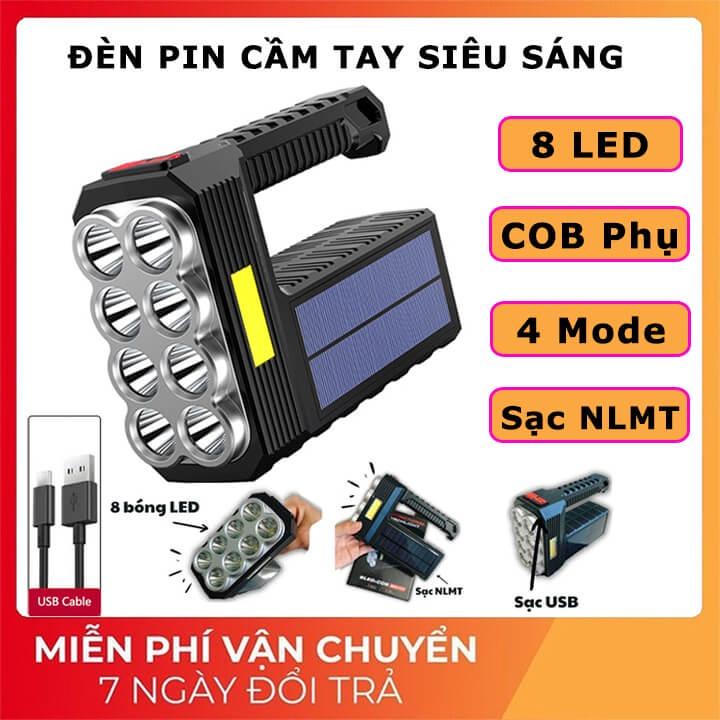 Đèn pin cầm tay siêu sáng chiếu xa 300m 8 bóng led, đèn pin sạc năng lượng mặt trời có COB Led 4 chế độ