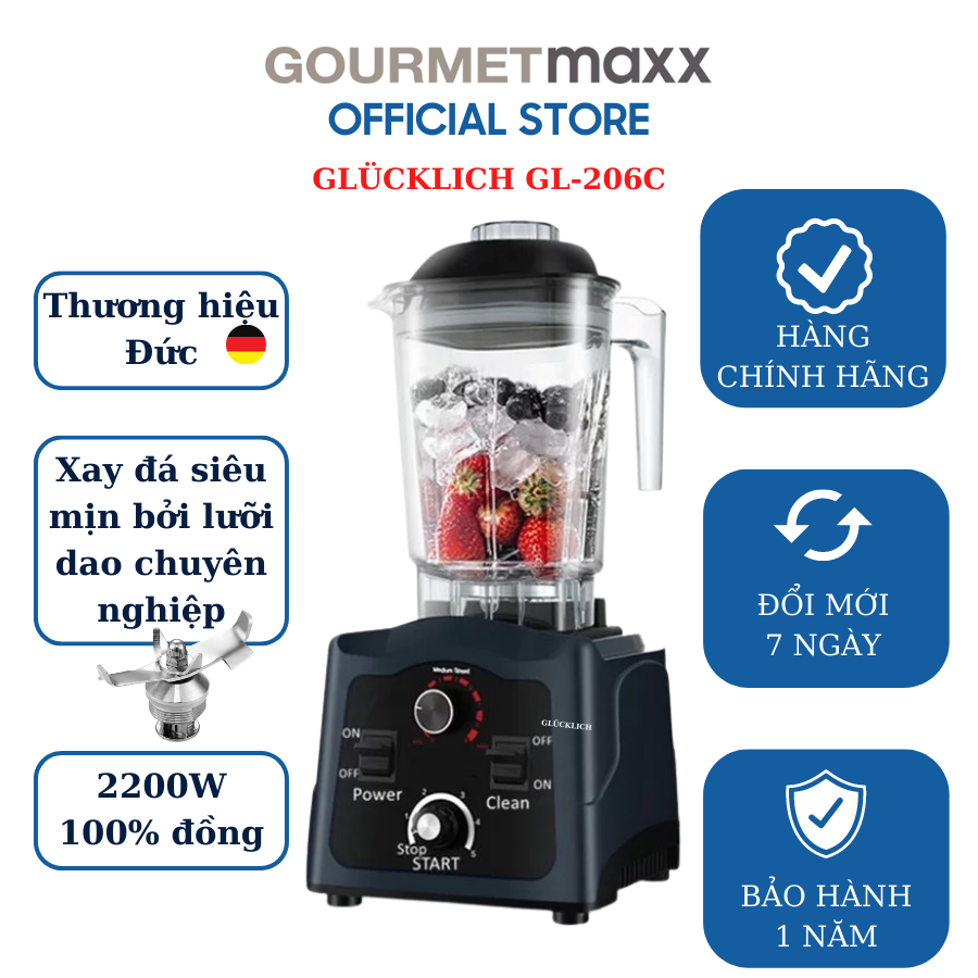 Máy xay sinh tố công nghiệp GLUCKLICH GL-206C 2L 2200W có hẹn giờ- thương hiệu GLÜCKLICH Đức - hàng chính hãng