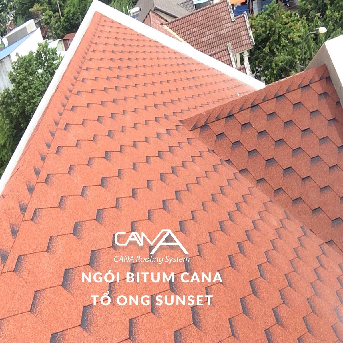 Ngói nhựa đường phủ đá CANA tổ ong sunset - ngói lợp bitum Hàn Quốc bền đẹp cho biệt thự, nhà phố, resort, đóng gói 22 tấm/gói phủ 3m2 mái