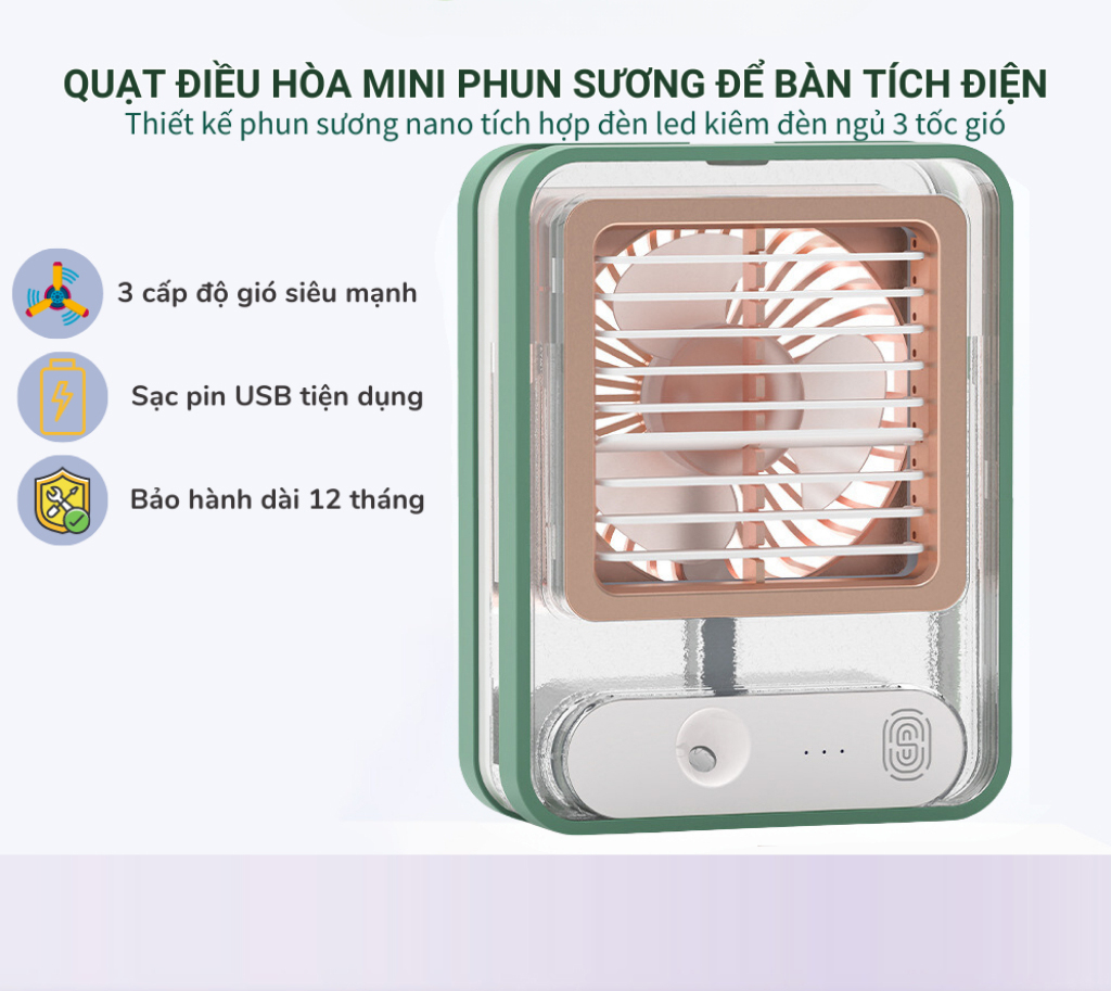 Quạt Phun Sương Cấm Tay Mini Để Bàn Sử Dụng Công Nghệ Phun Sương Nano Siêu Âm, Sạc Tích Điện Kết Hợp Đèn Gradient Đa Màu