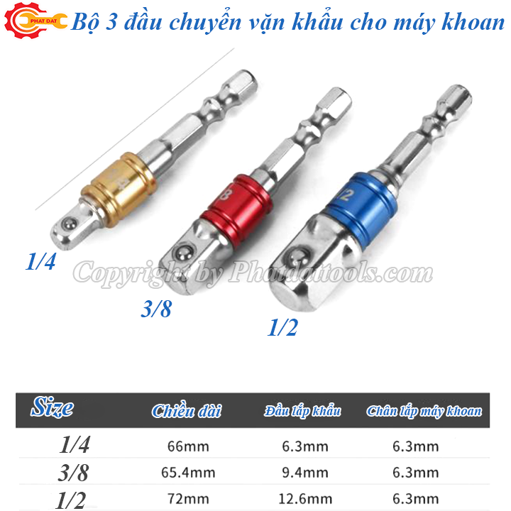 Bộ 3 đầu chuyển sang vặn khẩu bulong 1/2-3/8-1/4 cho máy khoan, máy vặn vít