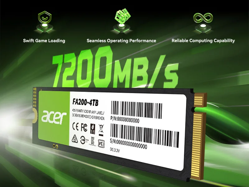 Ổ cứng SSD Acer FA200 M.2 NVMe 2.0 PCIe 4.0; Read speeds up to 7200 MB/s; tương thích Laptop, PC, PS5 - Bảo hành 5 năm Hàng chính hãng