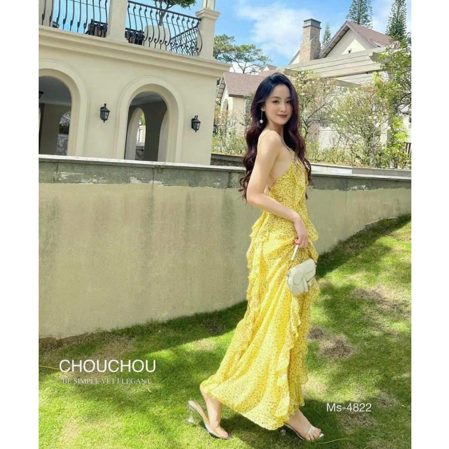 Đầm maxi voan hoa 2 lớp cao cấp phối bèo cột dây lưng