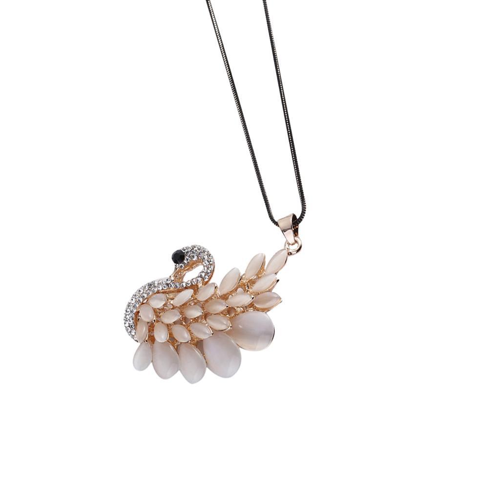 Charm Opal Crystal Swan Pendant Necklace Rhinestone Sweater Chain Necklace