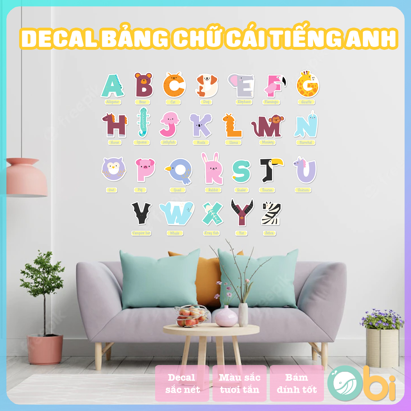 Decal Trang Trí Phòng Bé - 26 Chữ Cái Tiếng Anh Dán Tường Obi