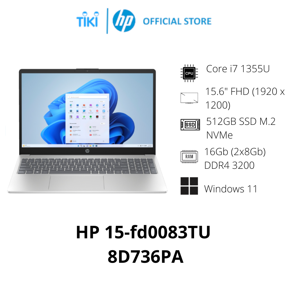 Laptop HP 15 fd0083TU 8D736PA (Core i7 1355U/ 16GB/ 512GB SSD/ Intel Iris Xe Graphics/ 15.6inch Full HD/ Windows 11 Home/ Bạc/ Vỏ nhựa) - Hàng Chính Hãng