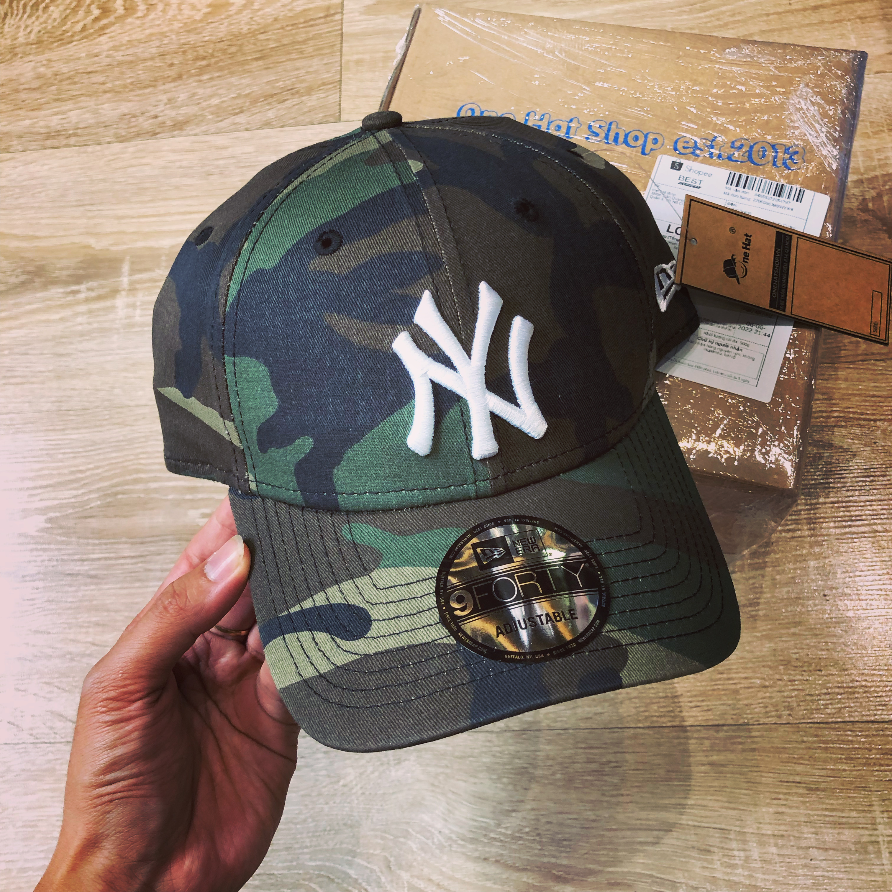 Nón kết fom cứng NE NY vải camo lính hot trend quai cài dây rút