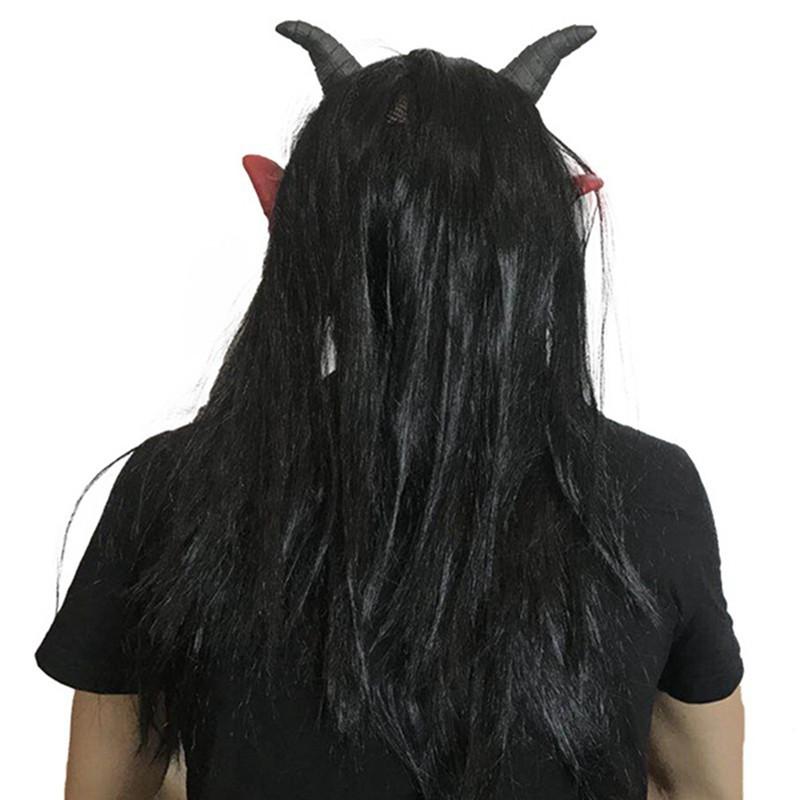 Mặt nạ đỏ 2 sừng kèm bộ tóc đen dài dùng trong hóa trang halloween,trung thu,sự kiện,lễ hội độc đáo