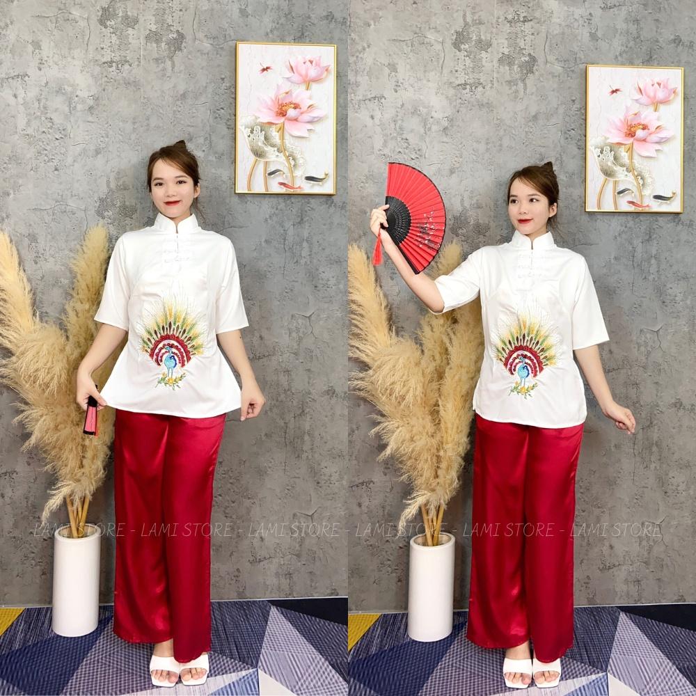 Đồ lam đi chùa nữ bộ lễ phục lụa họa tiết thêu chim công đẹp thiết kế cao cấp trang nhã LAMI STORE V20
