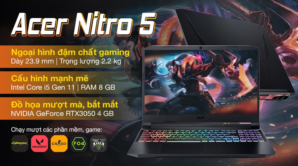 Laptop Acer Nitro 5 Eagle AN515-57-54MV (Core i5-11400H/ 8GB/ 512GB SSD/ RTX 3050 4GB/ 15.6 FHD IPS, 144Hz/ Win11) - Hàng Chính Hãng