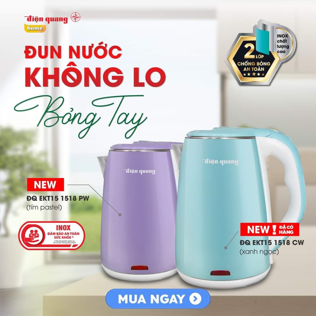 Hàng Chính Hãng Ấm đun nước siêu tốc Điện Quang ĐQ EKT15 1518 CW (1500W, 1.8L, inox 201, nhựa màu xanh lục lam – trắng)