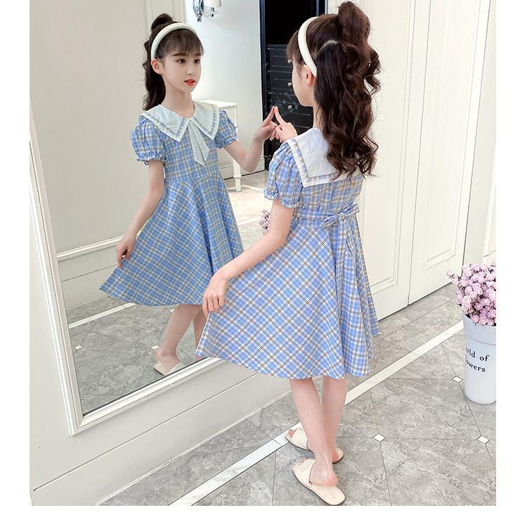 TOBE1SHOP Váy mùa hè cho bé gái 2023 Trẻ em cổ áo hải quân Hàn Quốc váy kẻ sọc đỏ