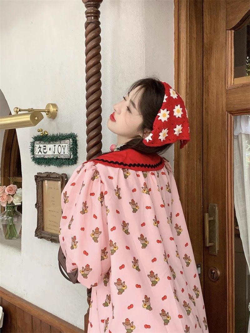 CHENGRUI Phim hoạt hình gấu con in anh đào va chạm màu nối mùa hè phiên bản Hàn Quốc lỏng lẻo giảm tuổi búp bê ngắn tay áo đầm cho phụ nữ