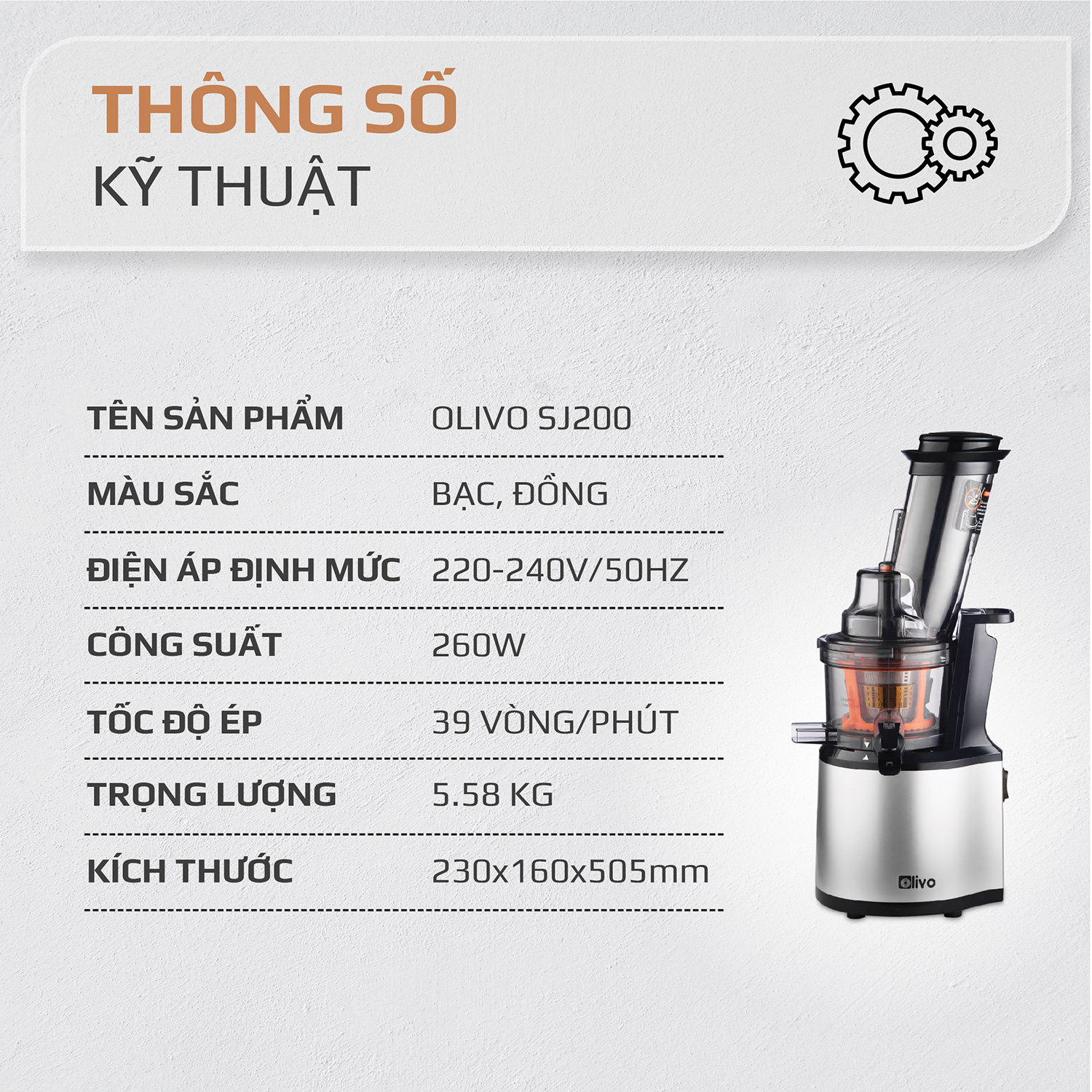 Máy Ép Chậm OLIVO SJ200 [Hàng Chính Hãng] Ép Kiệt Bã 98% - Tốc Độ Chậm 39 vòng/phút - Thương Hiệu Mỹ